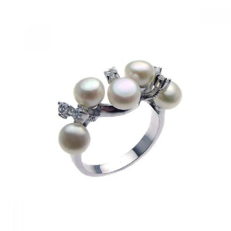 Simple Gemstone Rings-Clearance-Silver 925 Rhodium Plated CZ Multiple Fresh Water Pearl Ring - STR00612