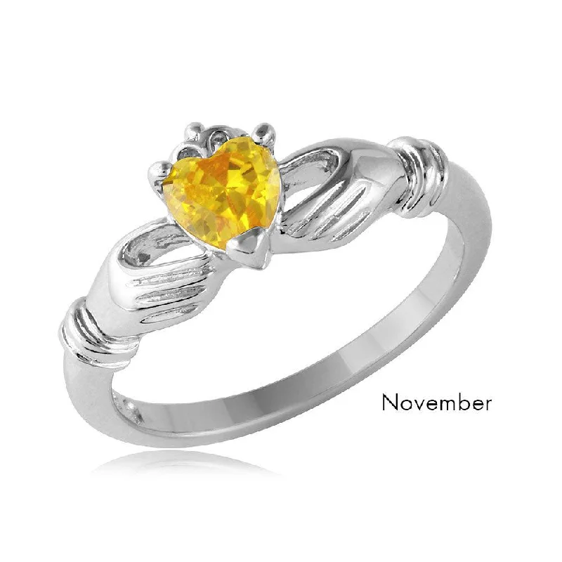 Beautiful Custom Rings-November Sterling Silver 925 Rhodium Plated CZ Center Birthstone Claddagh Ring - BGR01083NOV