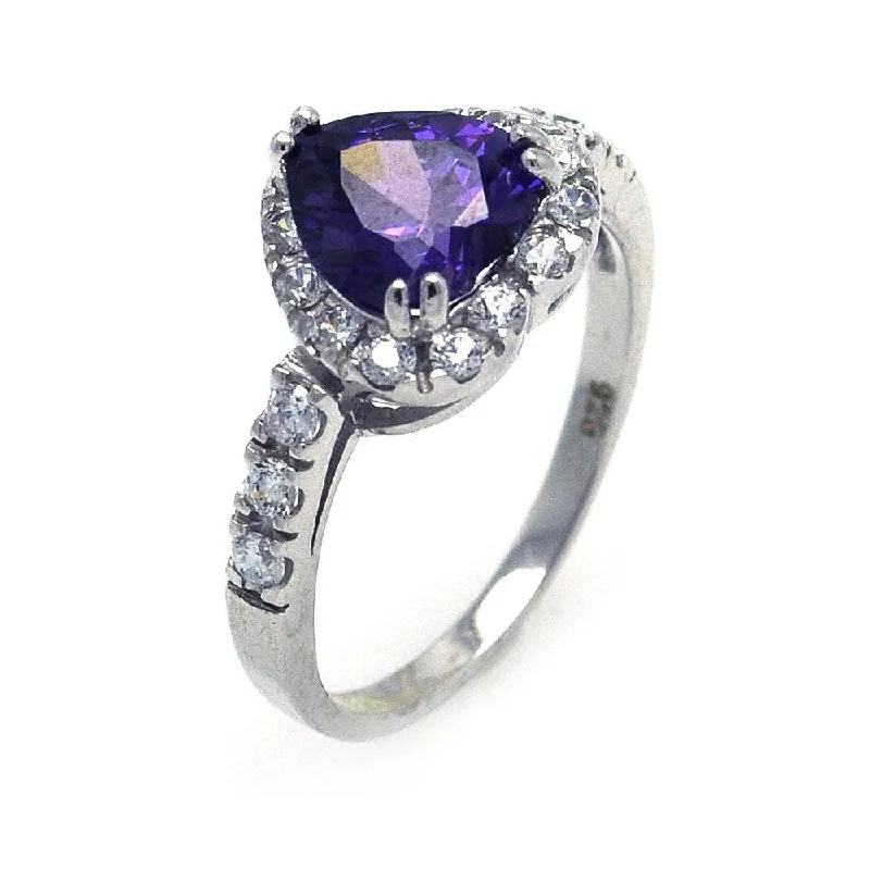 Vintage Style Rings-Silver 925 Rhodium Plated Purple and Clear Cluster CZ Heart Ring - STR00698PUR