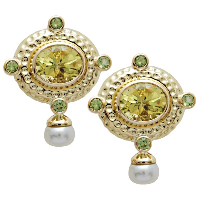 Artistic Drop Earrings-Earrings-Lemon Quartz, Peridot and Pearl  (1647J)