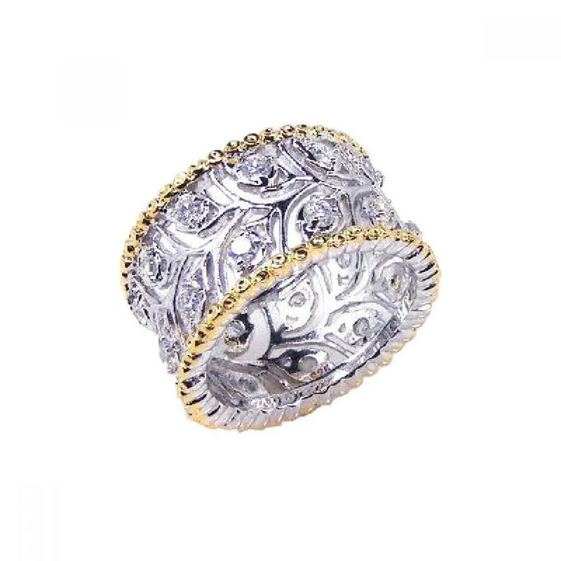 Stunning Gemstone Rings-Clearance-Silver 925 Rhodium and Gold Plated Border CZ Flower Ring - STR00342