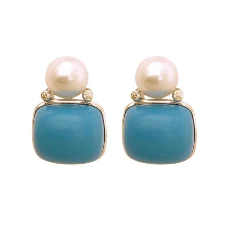 Ethnic Earrings for Women-EARRINGS- SYNTHETIC TURQUOISE, S.S. PEARL AND DIAMOND IN STERLING SILVER