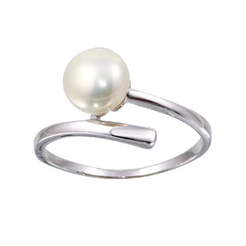 Designer Diamond Rings-Rhodium Plated 925 Sterling Silver Fresh Water Pearl Center Ring - BGR01143