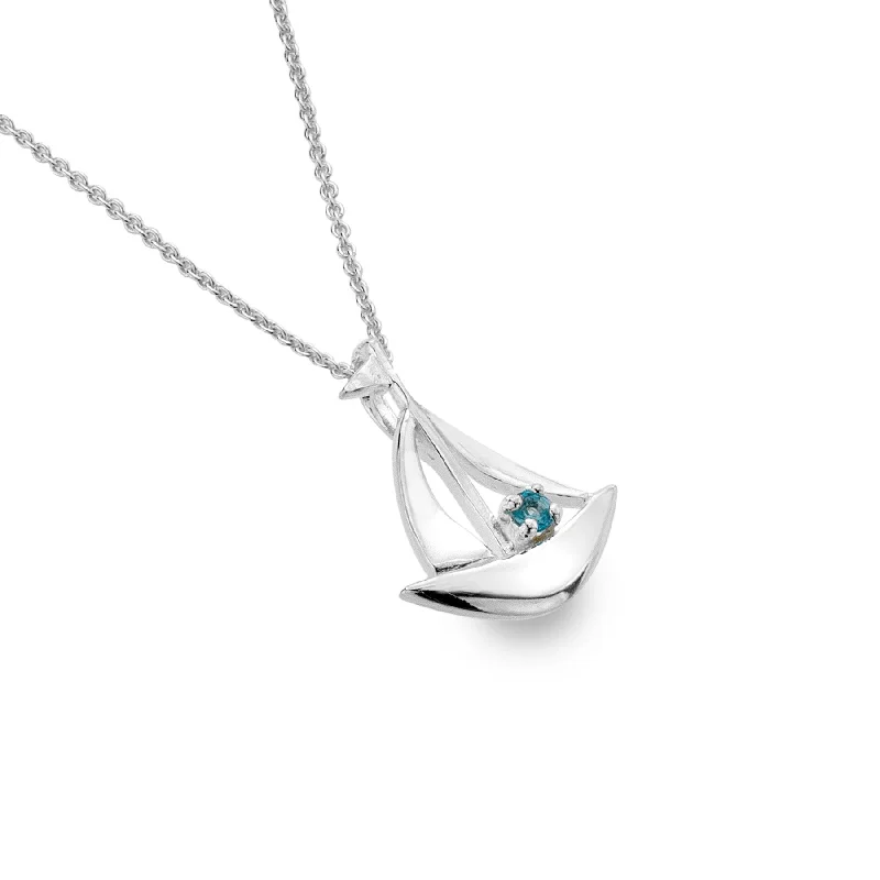 Designer Pendant Necklaces-Sea Gems Silver Blue Topaz Sail Boat Pendant Necklace