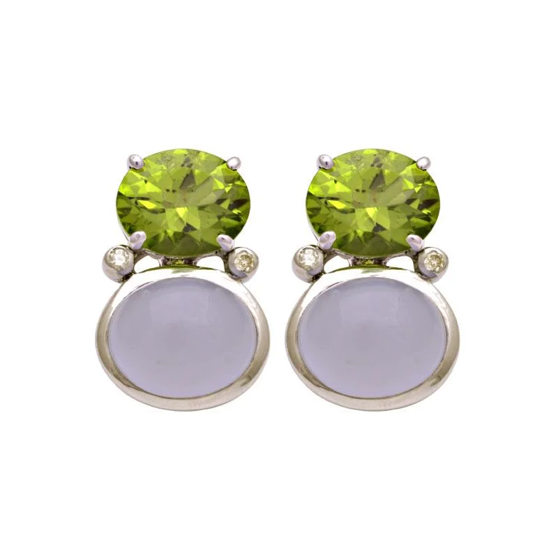 Pearls and Gold Earrings-Earrings-Peridot, Chalcedony and Diamond  (160ES)