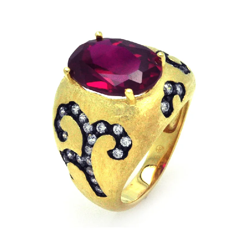 Fashionable Statement Rings-Clearance-Silver 925 Black Rhodium and Gold Plated Red Center and Clear CZ Cigar Band Ring - STR00856