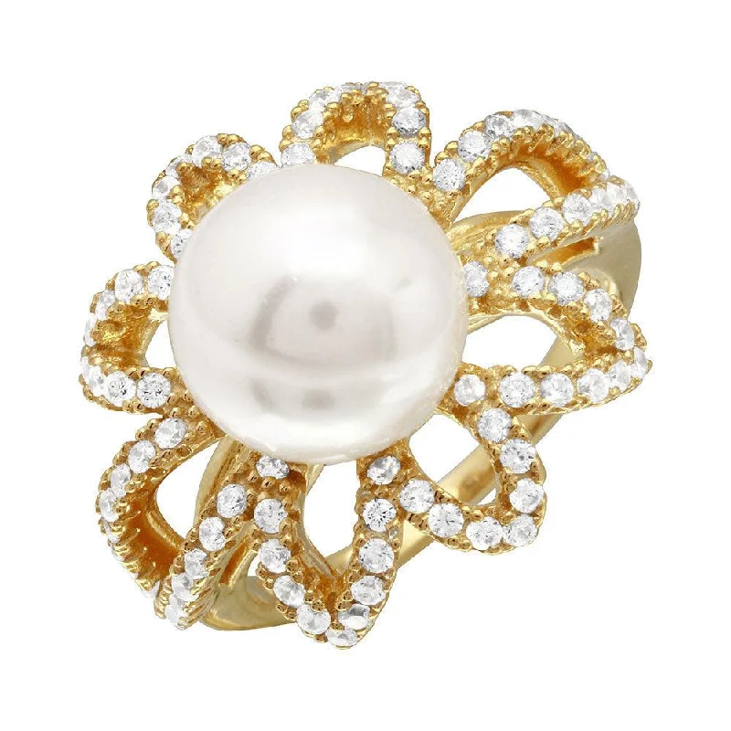 Luxury Bridal Rings-Gold Plated 925 Sterling Silver Open CZ Flower Ring with Synthetic Center Pearl - BGR01096