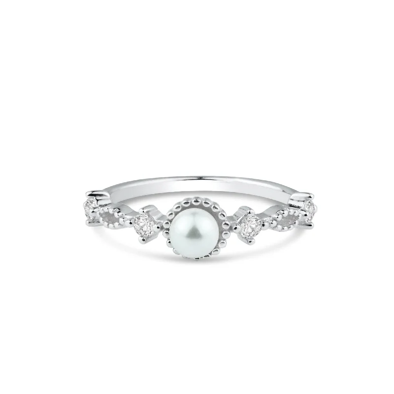 Designer Wedding Rings-Rhodium Plated 925 Sterling Silver Synthetic Pearl Center Clear CZ Ring - BGR01357