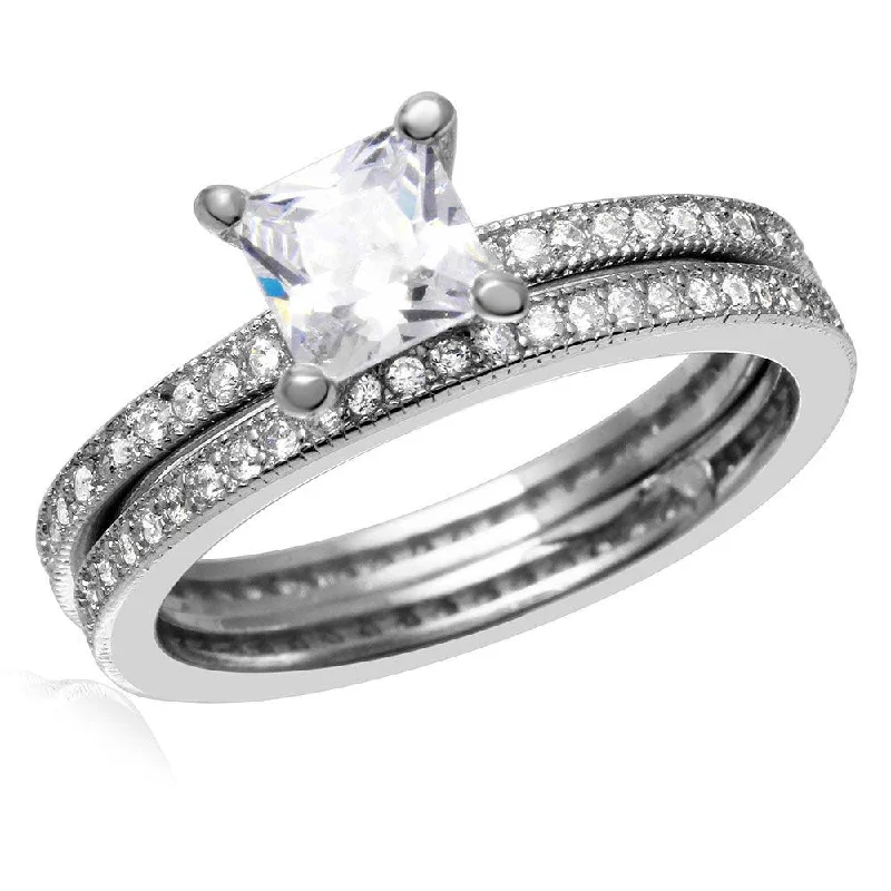 Dainty Wedding Bands-Silver 925 Rhodium Plated Center Square CZ Bridal Wedding Ring Set - BGR01007