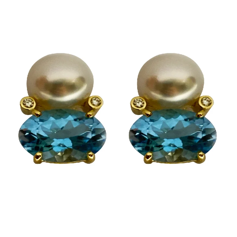 Unique Wedding Stud Earrings-Earrings - South Sea Pearl and Blue Topaz with Diamond in 18K Gold