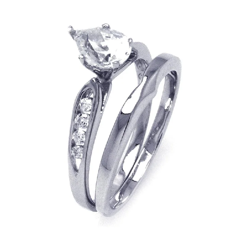 Vintage Engagement Rings-Silver 925 Rhodium Plated Clear Teardrop CZ Bridal Ring Set - STR00843