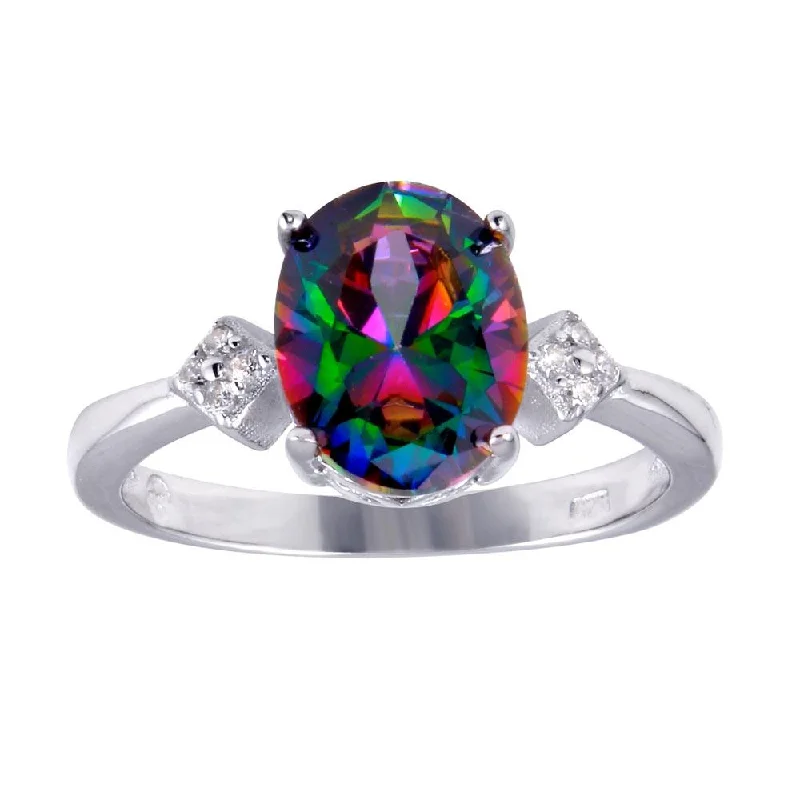 Beautiful Wedding Rings-Rhodium Plated 925 Sterling Silver Oval Mystic Topaz CZ Ring - BGR01251