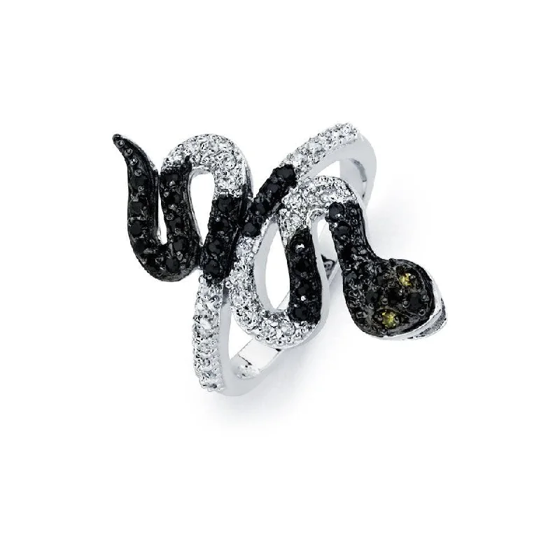 Sterling Silver Rings-Silver 925 Rhodium and Black Rhodium Plated 2 Toned Clear and Black CZ Snake Ring - BGR00522