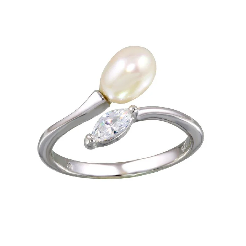 Custom Silver Engagement Rings-Rhodium Plated 925 Sterling Silver Ring with Pearl and CZ - BGR01129