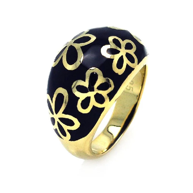 Unique Diamond Rings-Clearance-Silver 925 Gold Plated Black Enamel Flower Dome Ring - STR00663