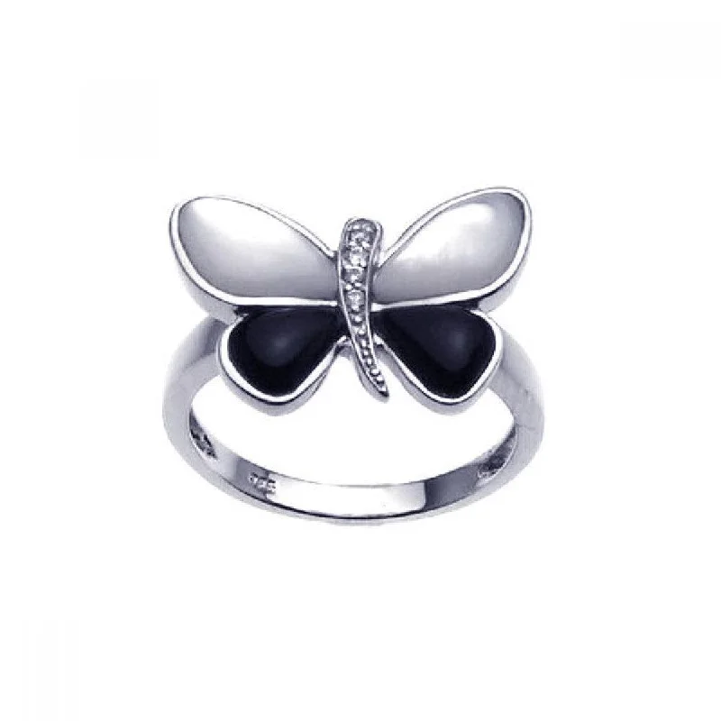 Beautiful Diamond Rings-Clearance-Silver 925 Rhodium Plated Mother of Pearl Black Onyx CZ Butterfly Ring - BGR00201