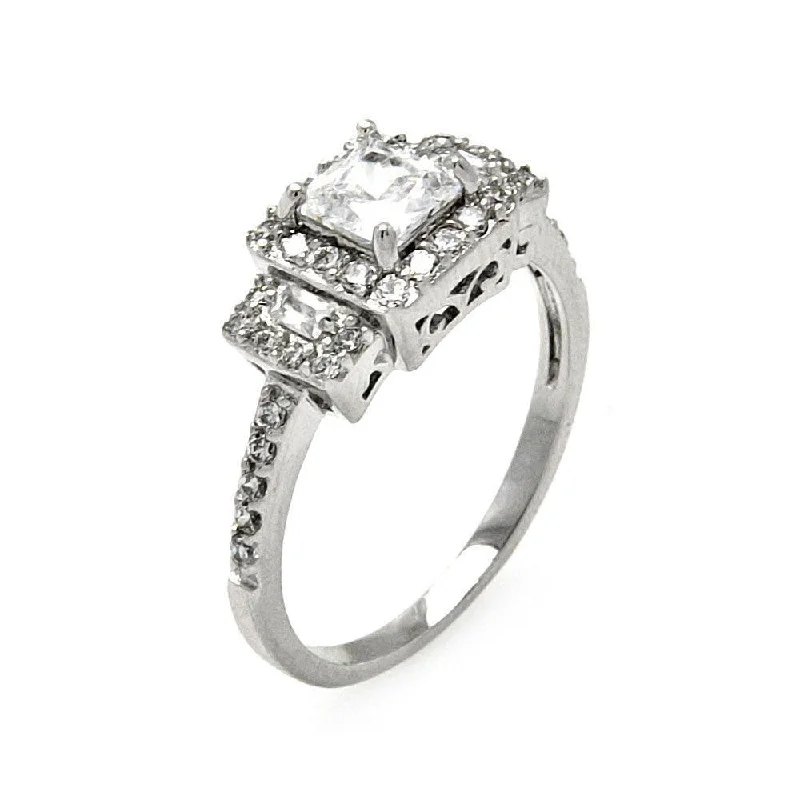 Custom Silver Rings-Silver 925 Rhodium Plated Clear Square Center Baguette Round Cluster CZ Bridal Ring - BGR00471