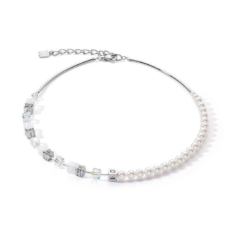 Trendy Silver Chain Necklaces-Coeur De Lion GeoCUBE® Precious Fusion Pearls Silver and White Necklace