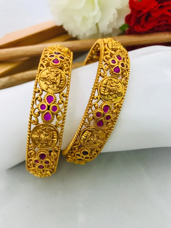 Simple Gold Bangle Sets-Matte Finished Antique Gold Designer Bangle With Ruby Stones