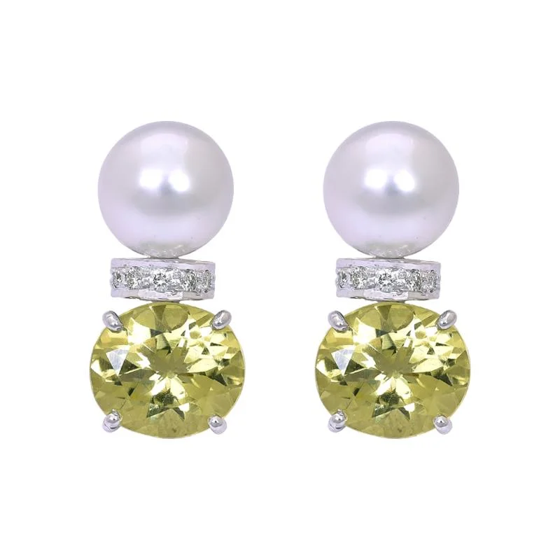 Luxury Wedding Earrings-Earrings- Lemon Quartz, South Sea Pearl and Diamond  (263BS)