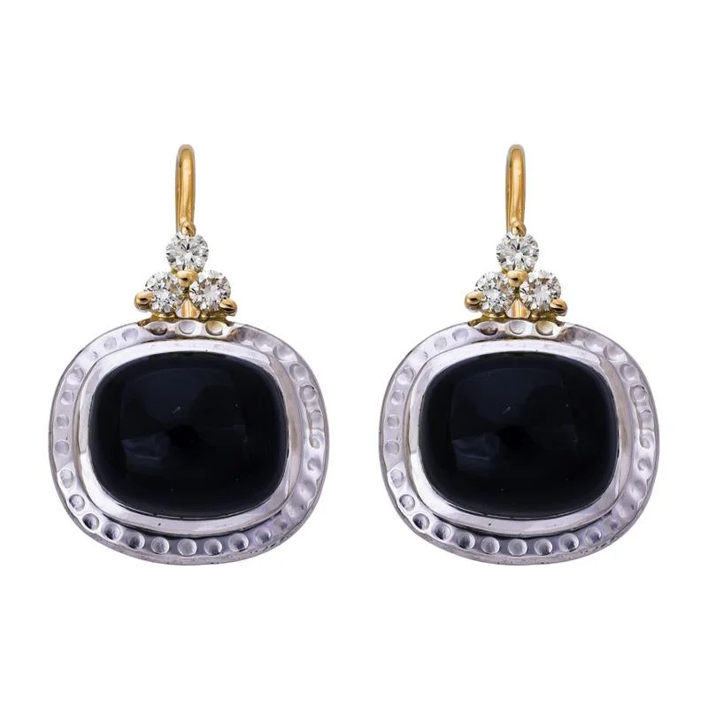 Sterling Silver Hoop Earrings-Earrings- Onyx and Diamond  (27HM)