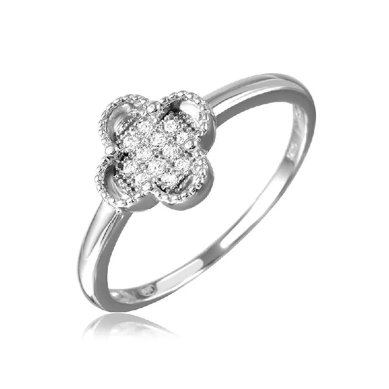 Luxury Wedding Rings for Women-Silver 925 Rhodium Plated Clover Ring with Micro Pave CZ Stones - GMR00085RH