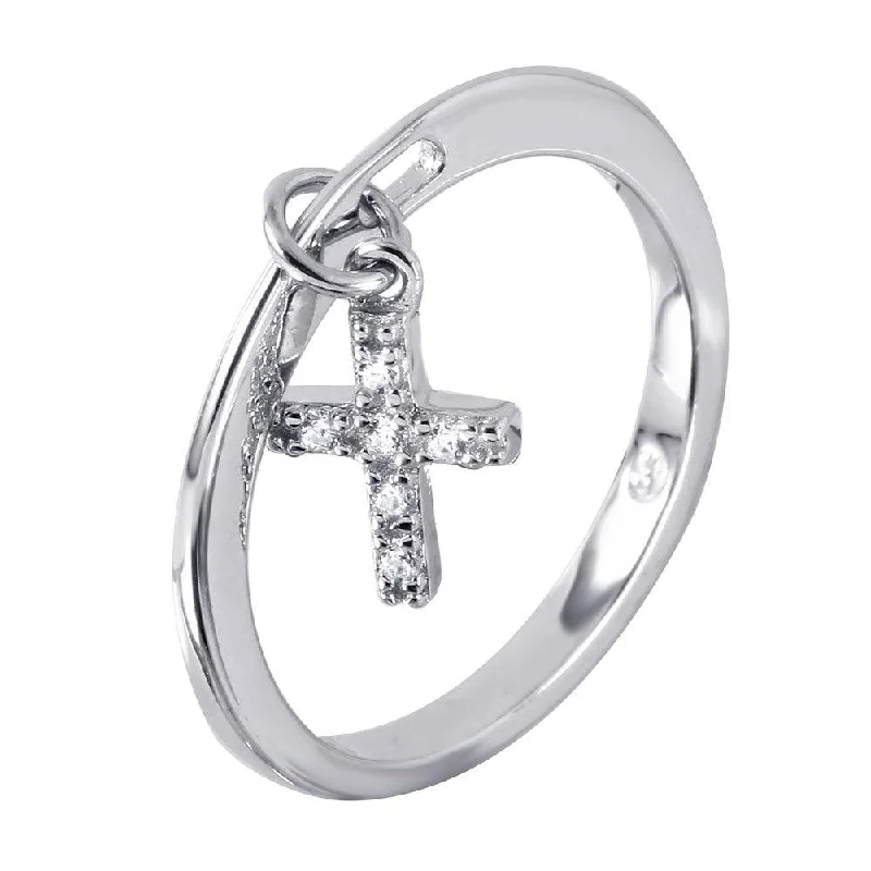 Dainty Gold Rings-Silver 925 Ring Dangling Cross with CZ Accents - BGR00939