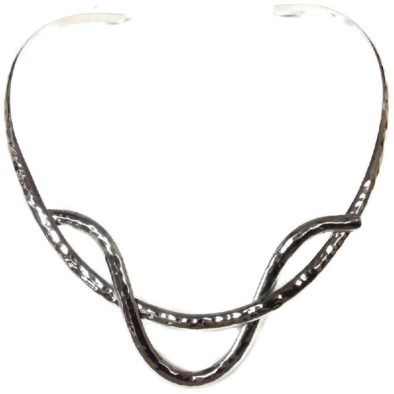 Designer Silver Necklaces-Silver Hammered Wave Collar Necklace