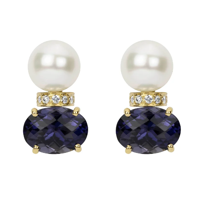 Gemstone Earrings for Weddings-Earrings - Pearl, Iolite And Diamond