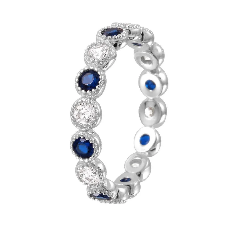 Colored Diamond Rings-Silver 925 Rhodium Plated Round Eternity Stackable Blue CZ Ring - GMR00064S