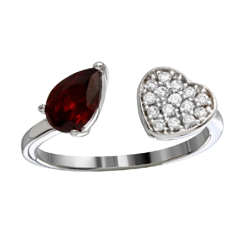 Custom Name Rings-Rhodium Plated 925 Sterling Silver Open Heart Ring with CZ - BGR01190RED