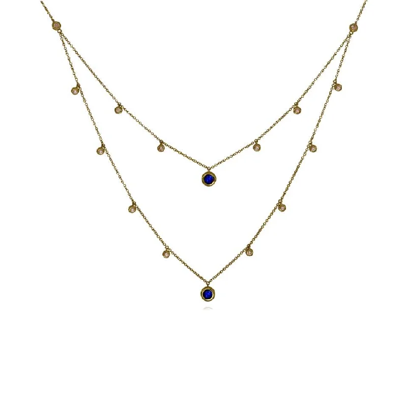 Fashionable Pendant Necklaces-18ct Gold Blue Sapphire and Diamond Layered Necklace