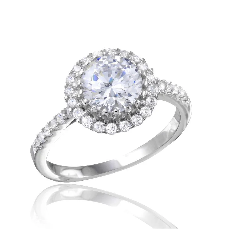 Unique Gemstone Engagement Rings-Rhodium Plated 925 Sterling Silver Micro Pave Round CZ Ring - BGR01104