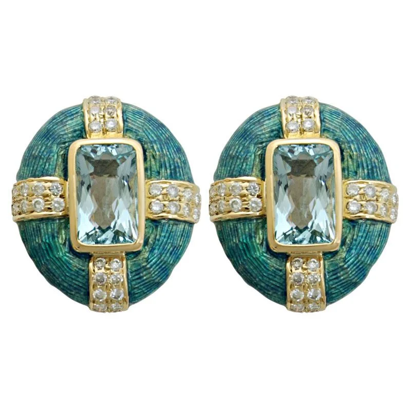 Pearls and Gold Earrings-Earrings-Aquamarine and Diamond (Enamel)  (1207H)