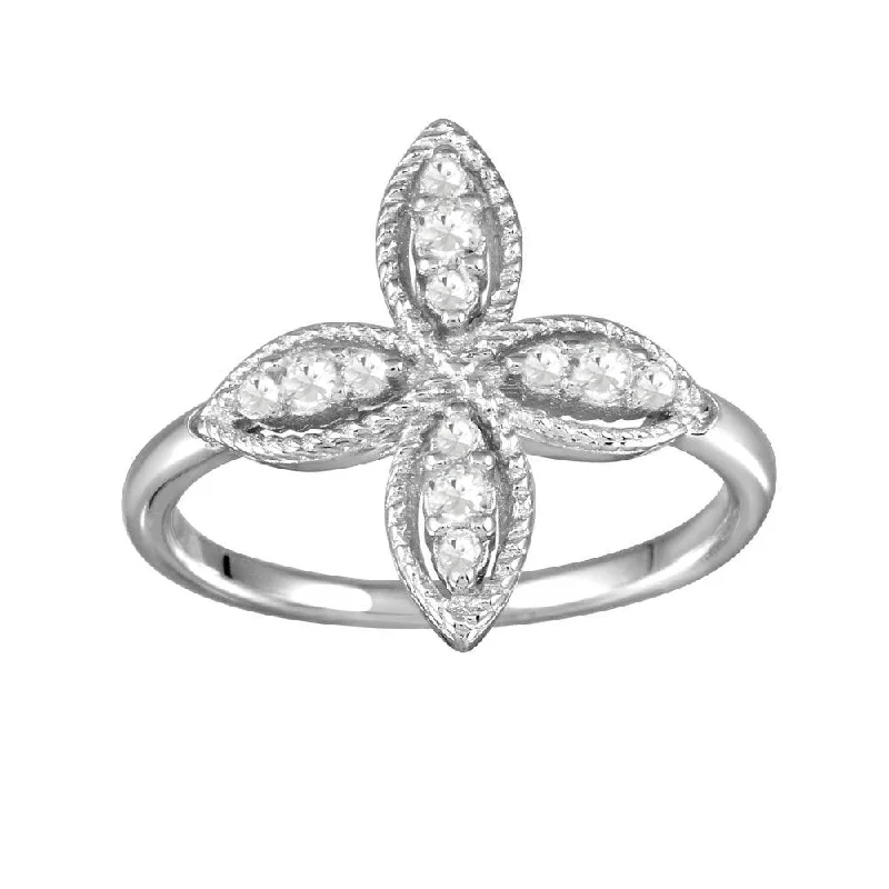 Handcrafted Engagement Rings-Rhodium Plated 925 Sterling Silver Four Petal Ring with CZ - BGR01176