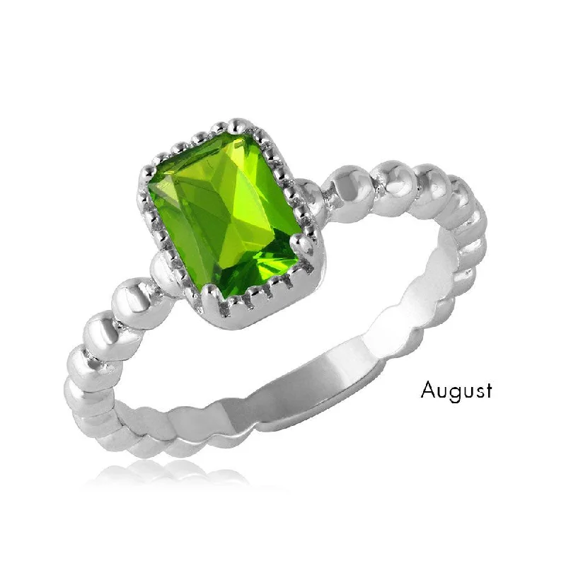 Personalized Wedding Rings-August Sterling Silver 925 Rhodium Plated Beaded Shank Square Center Birthstone Ring - BGR01081AUG