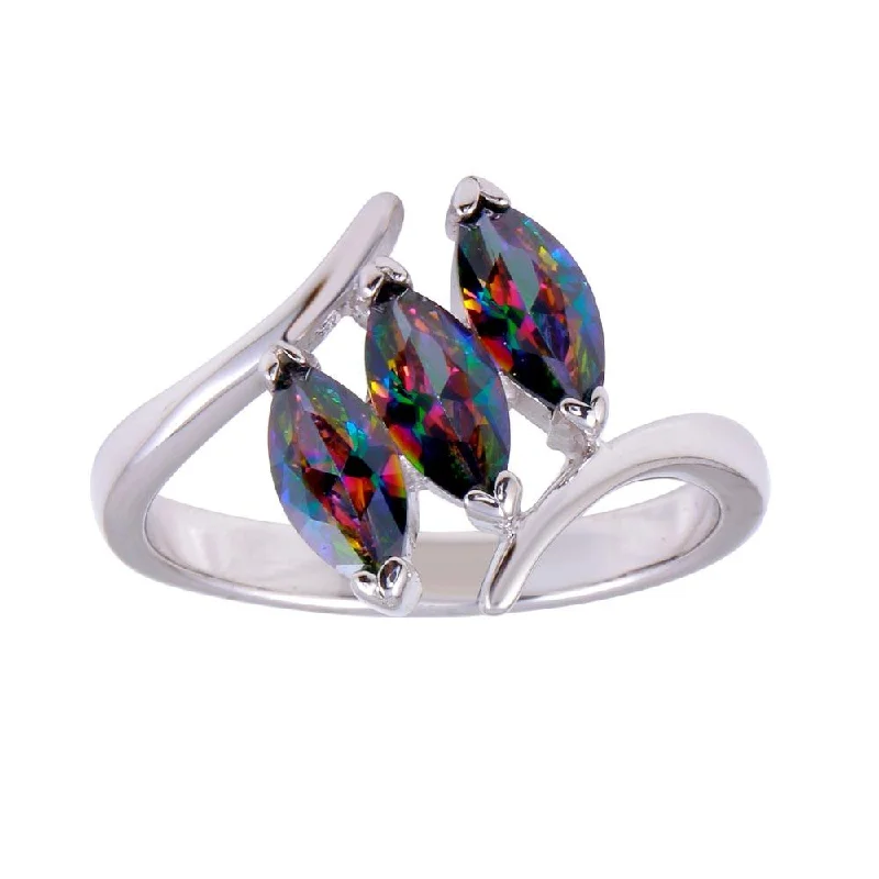 Trendy Silver Rings-Rhodium Plated 925 Sterling Silver 3 Oval Mystic Topaz CZ Ring - BGR01260