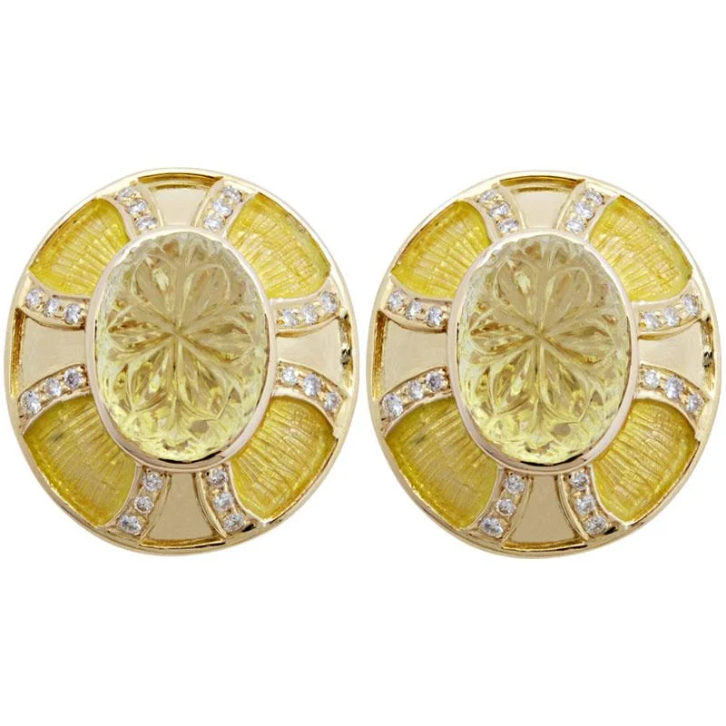 Luxury Gemstone Earrings-Earrings-Lemon Quartz and Diamond (Enamel)  (1843I)