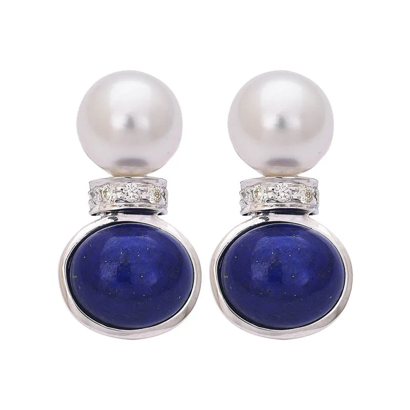 Gold Gemstone Earrings-EARRINGS- LAPIS LAZULI, S.S. PEARL AND DIAMOND IN STERLING SILVER