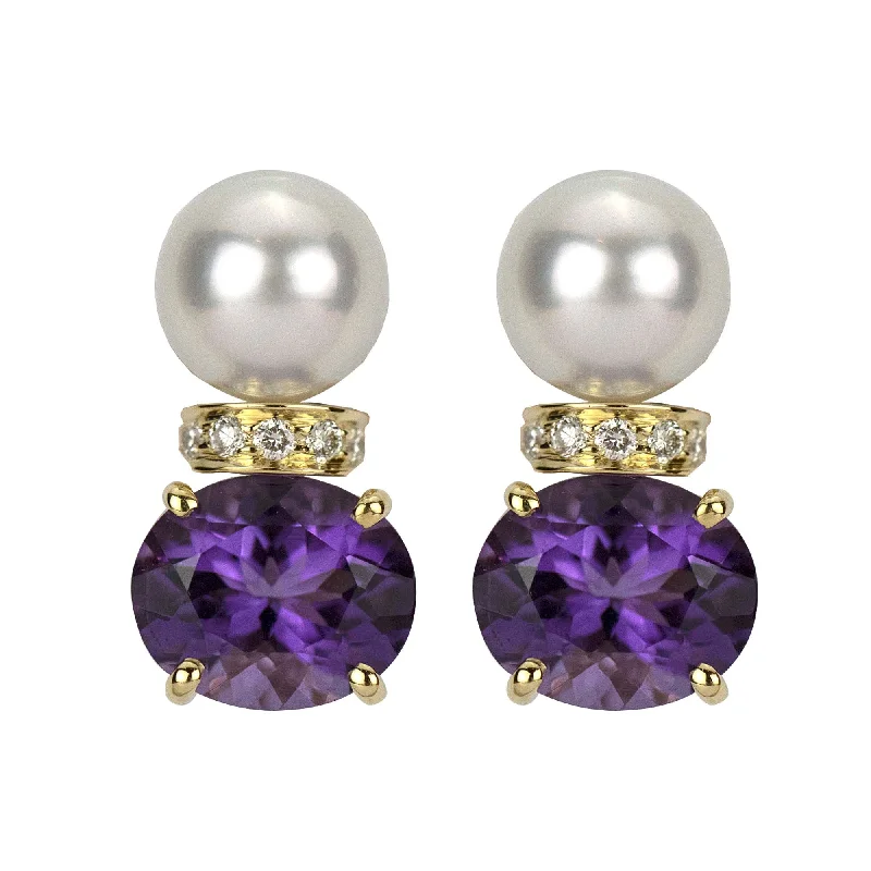 Elegant Gemstone Earrings-Earrings - Amethyst And Pearl With Diamond