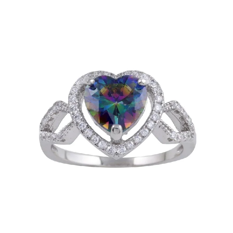 Personalized Name Rings-Rhodium Plated 925 Sterling Silver Halo Heart Synthetic Mystic Topaz CZ Ring - BGR01246