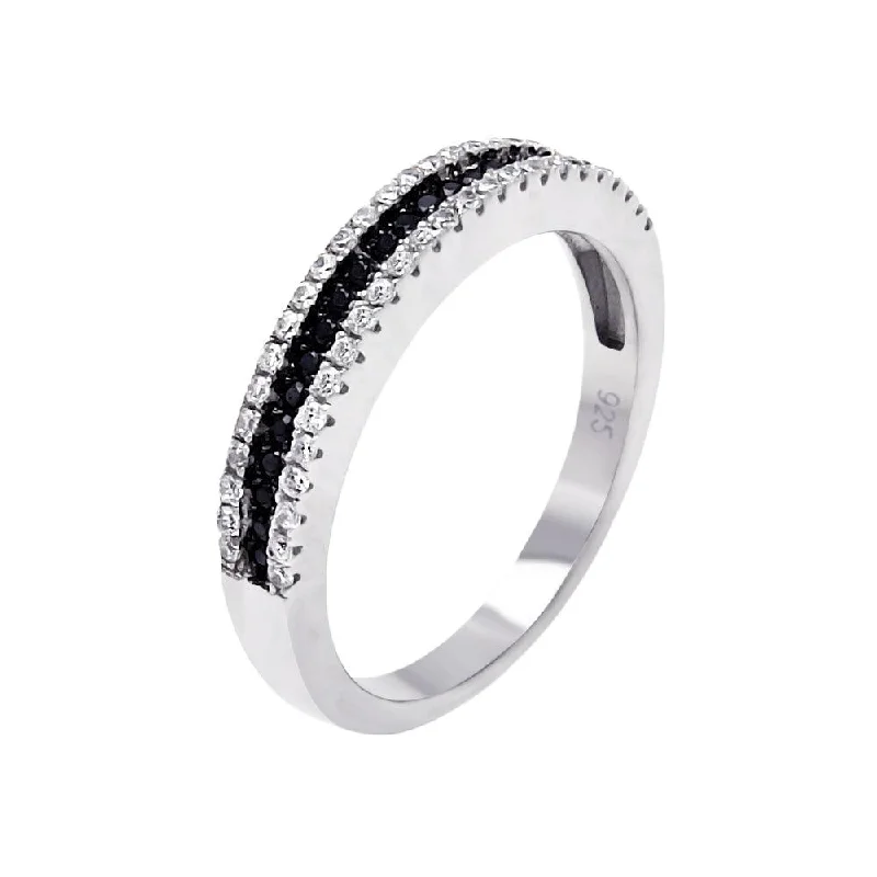 Wedding Bands for Women-Silver 925 Rhodium and Black Rhodium Plated Half Micro Pave Black and Clear CZ Ring - ACR00059