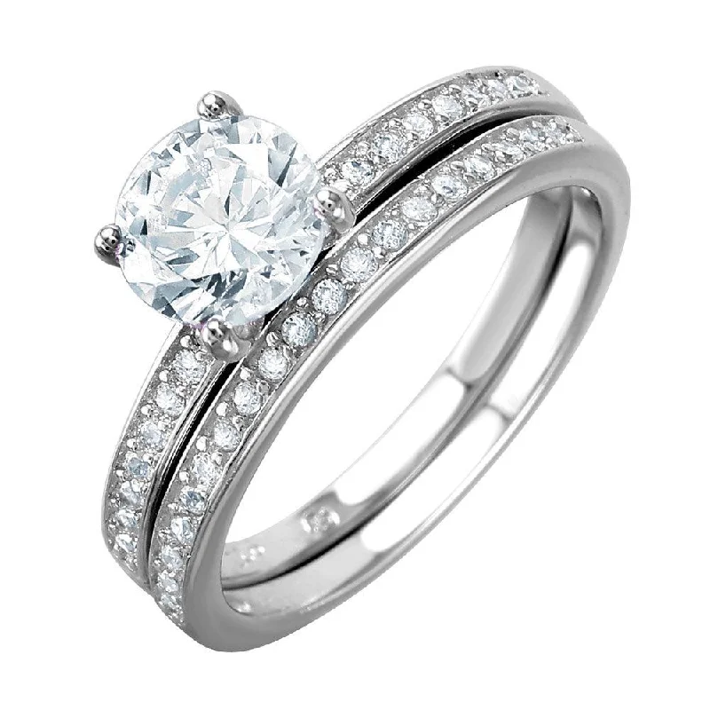 Matching Gold Wedding Rings-Silver 925 Rhodium Plated Bridal Ring with Round CZ Center Stone - BGR01004