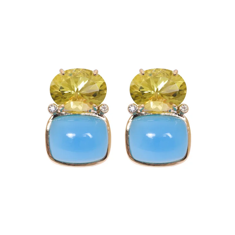 Sterling Silver Hoop Earrings-Earrings- Lemon Quartz, Chalcedony & Diamond in 18K Gold