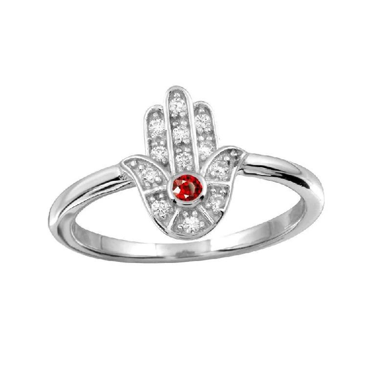 Solitaire Diamond Rings-Rhodium Plated 925 Sterling Silver Red Hamsa Ring with CZ - BGR01131RED