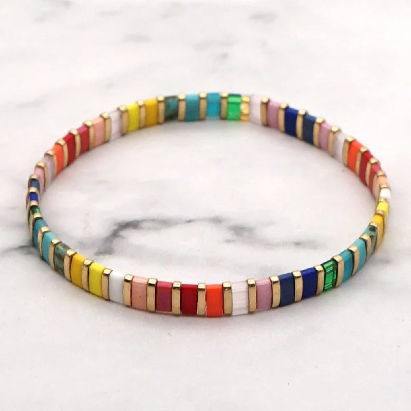 Silver Cuff Bracelets-Japanese Miyuki Bead Stretch Bracelet - Multi Color