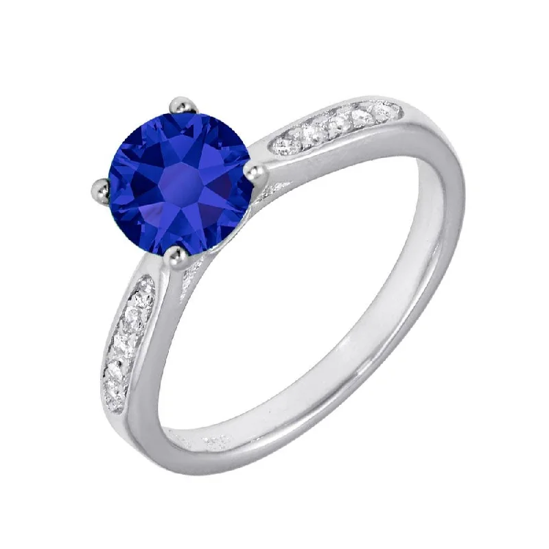 Adjustable Wedding Bands-Rhodium Plated 925 Sterling Silver Round Blue CZ Center Stone Ring - BGR01231BLU