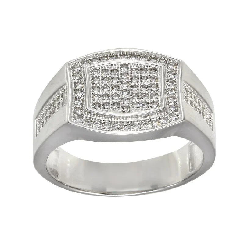 Sparkling Wedding Rings-Rhodium Plated 925 Sterling Silver Men's Micro Pave Rectangle Shape CZ Ring - GMR00277