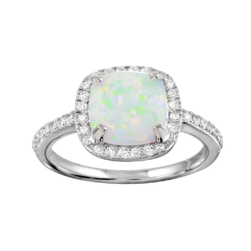 Luxury Bridal Rings-Rhodium Plated 925 Sterling Silver Square Halo Opal CZ Ring - BGR01271