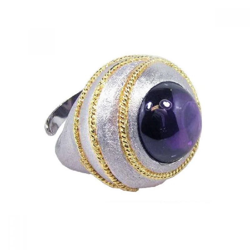 Custom Silver Rings-Clearance-Silver 925 Rhodium With Gold Plated Rope Purple Amethyst Dome Ring - STR00309